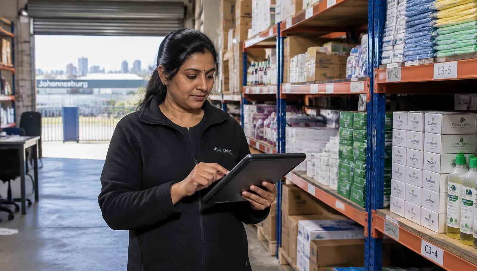 Business owner checking stock in her warehouse