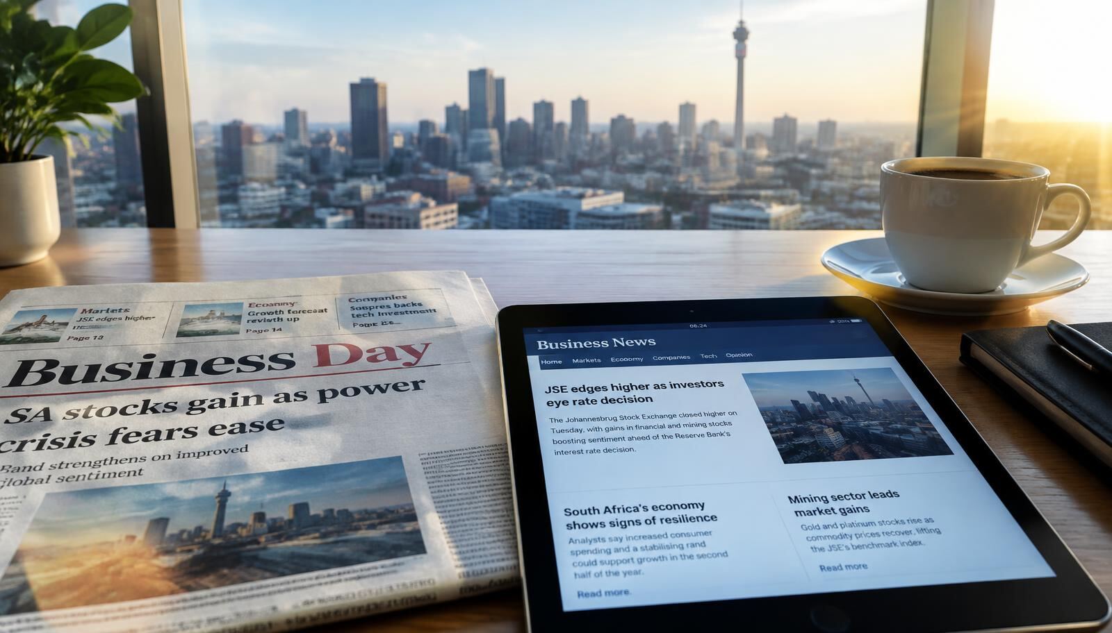 Business newspaper and tablet with the Johannesburg skyline