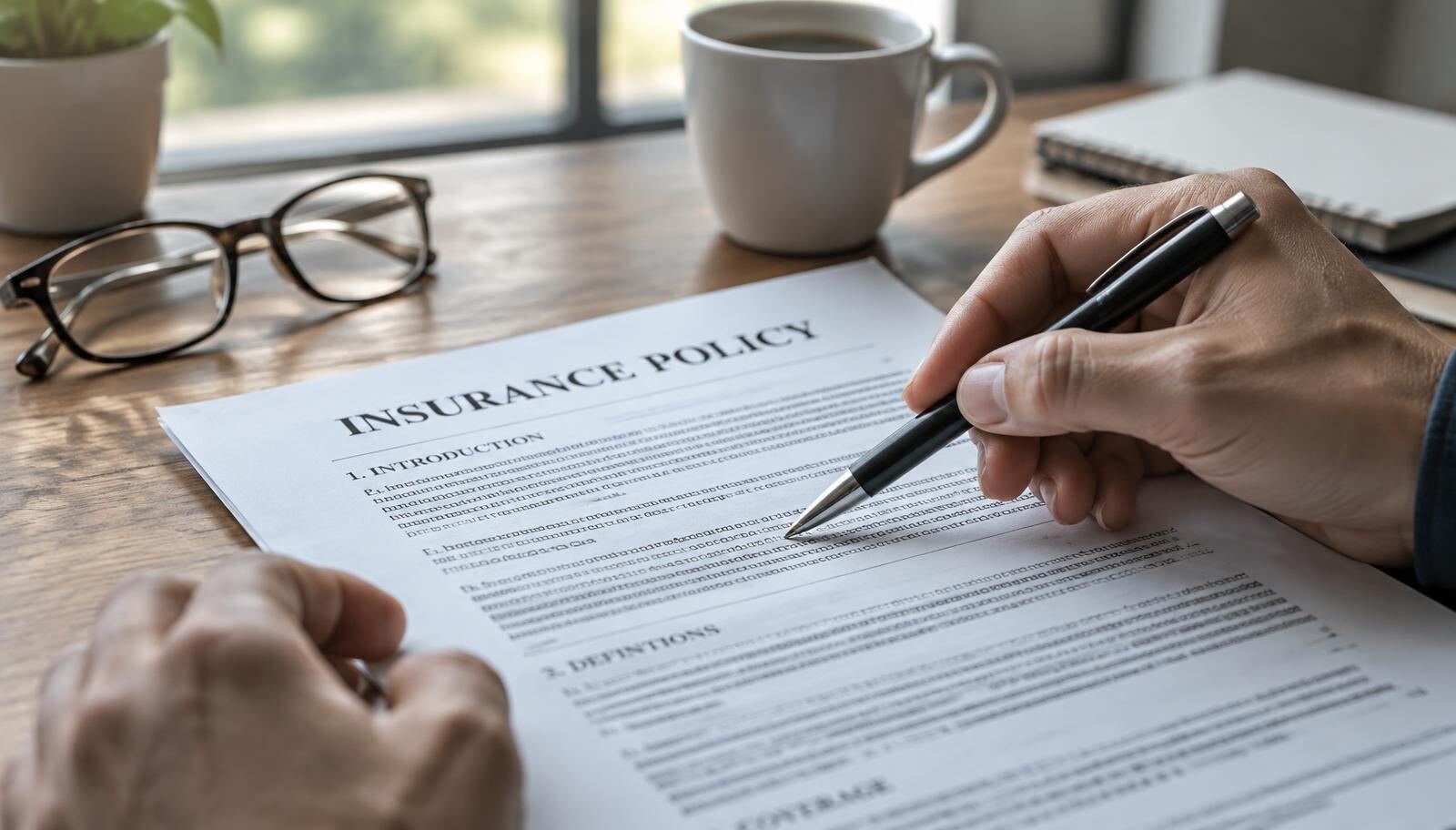 Broker reading the fine print of an insurance policy with a pen