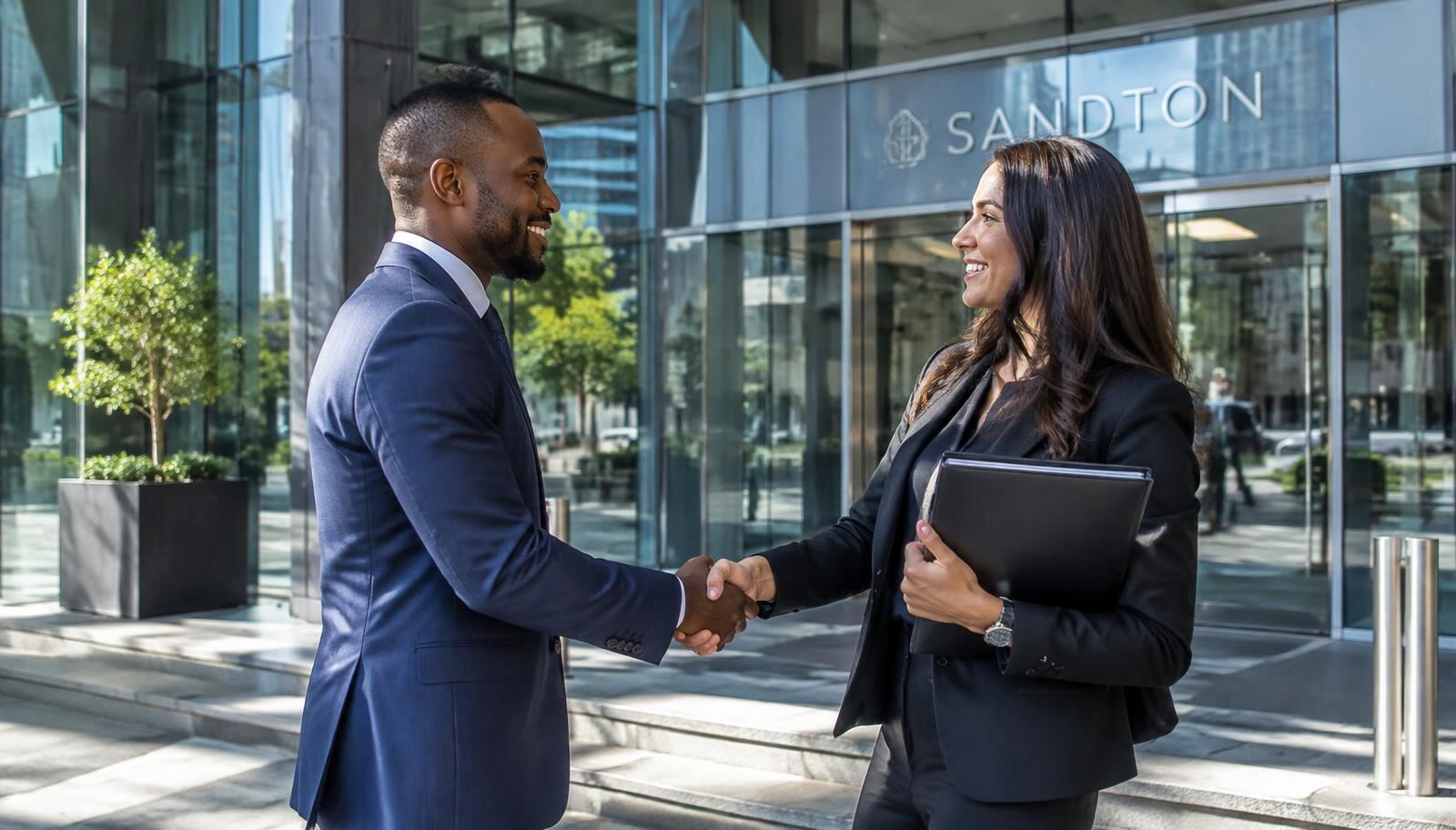 Broker greeting a business client outside an office building