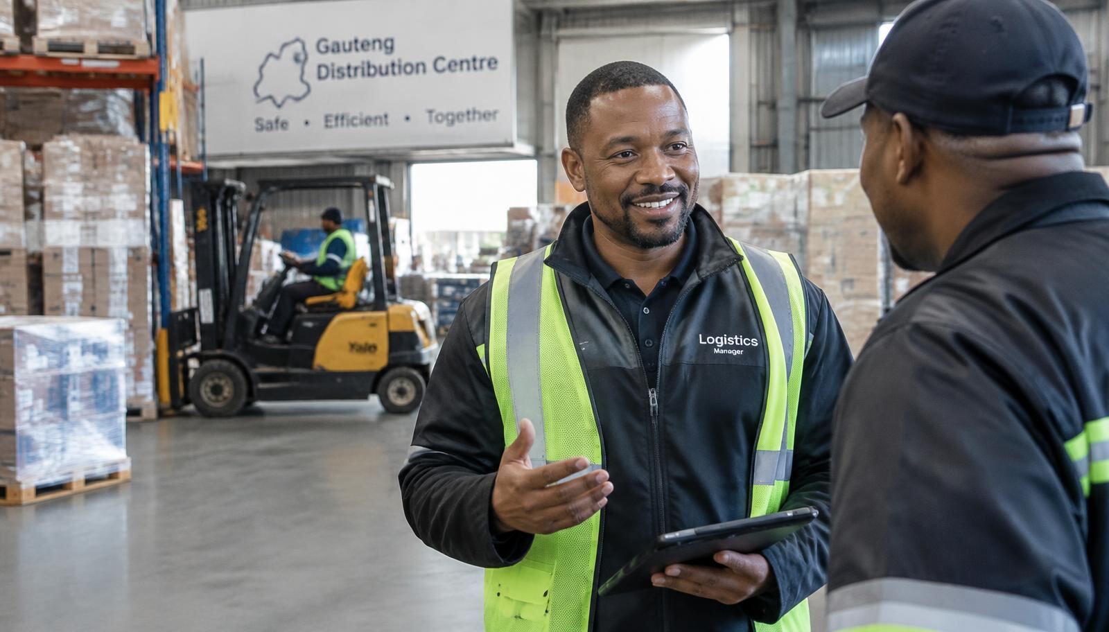Logistics manager talking with a colleague in a warehouse