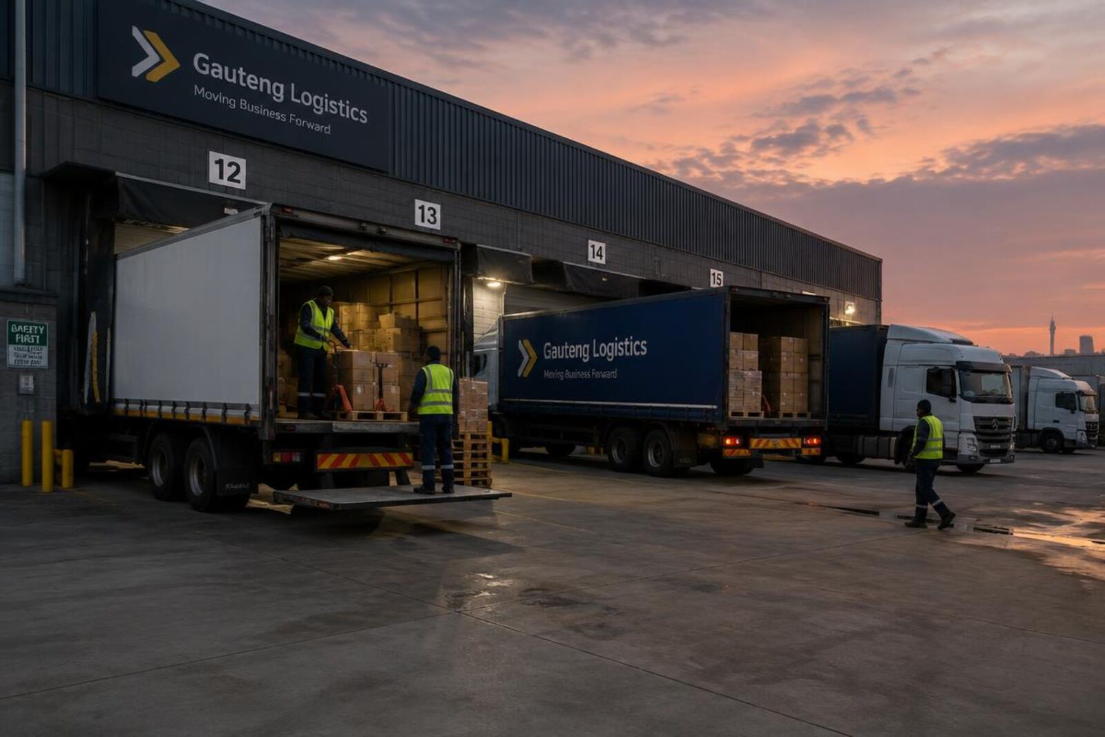 Workers loading trucks at a Gauteng logistics depot at dusk