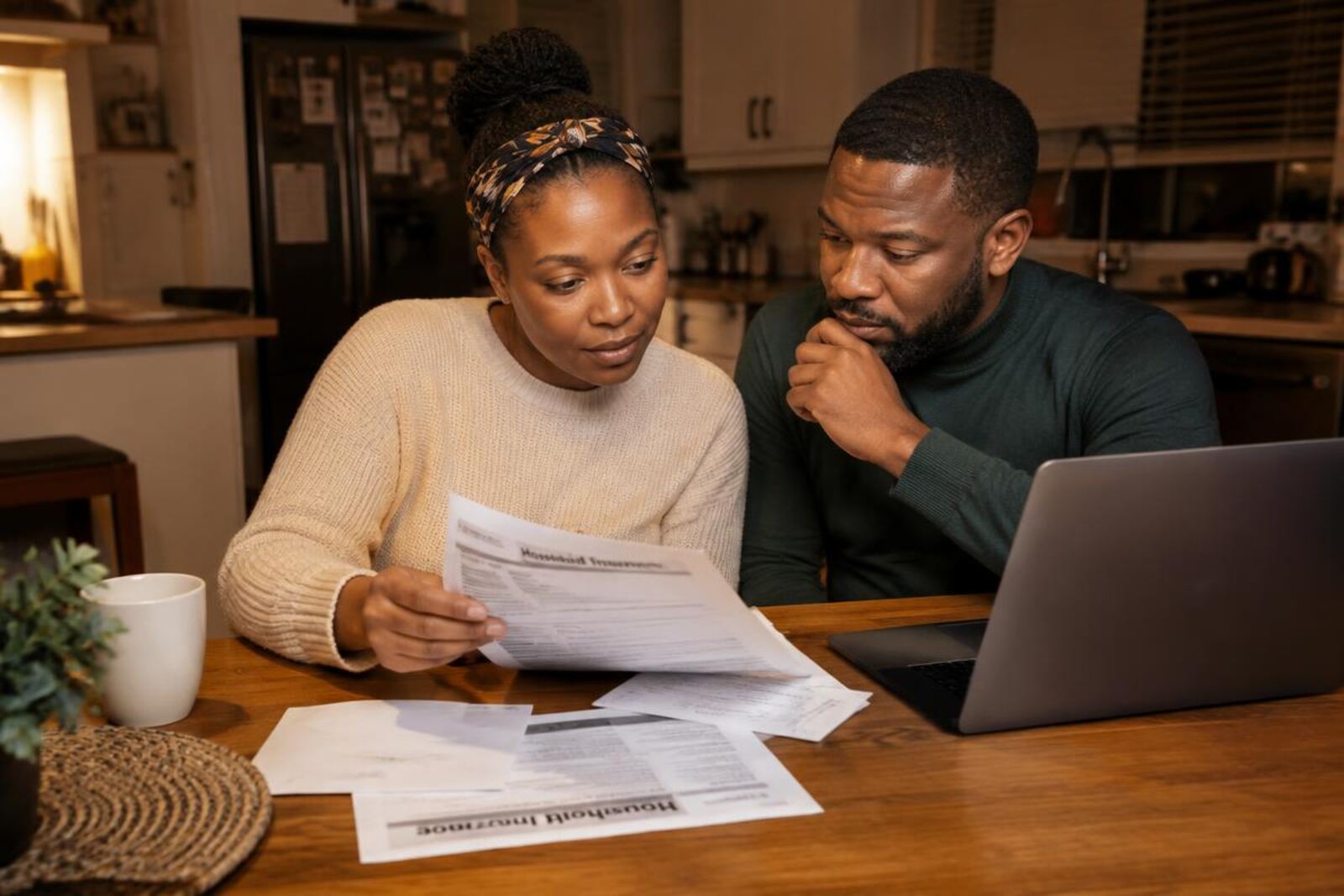 Couple reviewing household insurance papers at their kitchen table