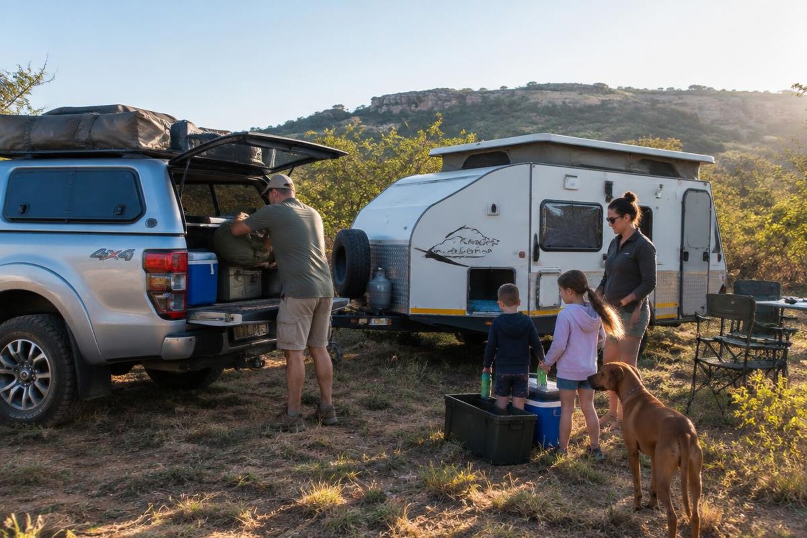 Family packing a 4x4 bakkie and caravan for a bush weekend
