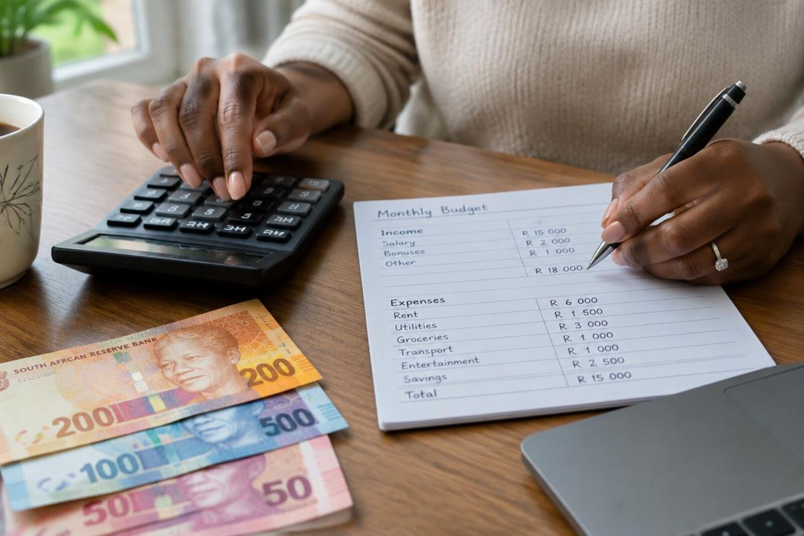 Woman working through a monthly budget with a calculator and rand notes
